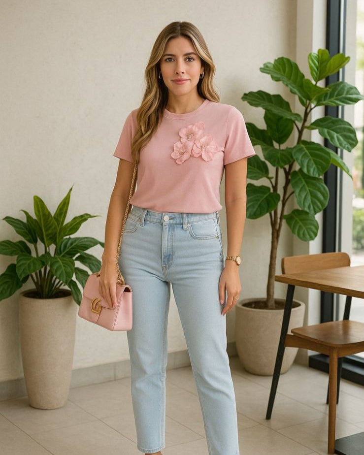 CAMISETA FLORAL UNICOLOR ROSA